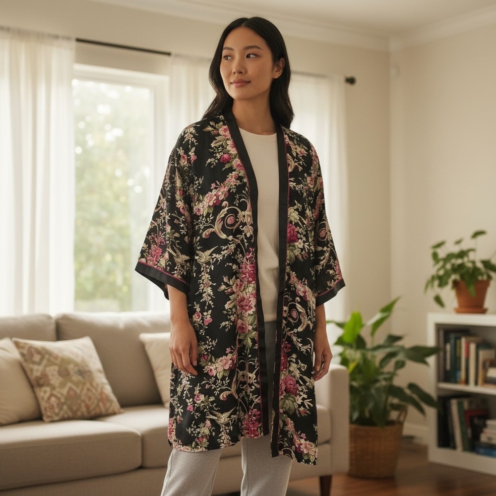 vtg OSCAR DE LA RENTA sz S-M Floral Robe Pink Label DIY Missing Belt + Blk Pink